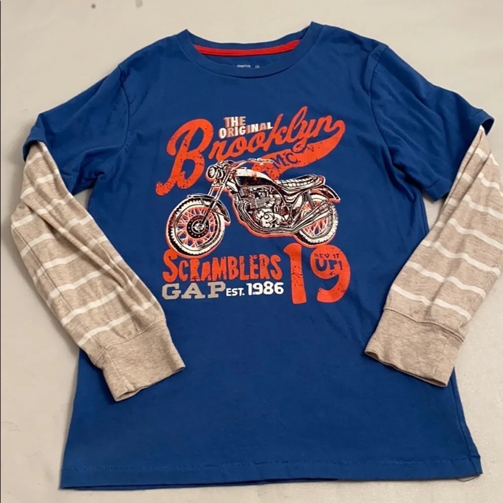 Gap multicolor blue orange white tan long sleeve faux layered graphic t-shirt L